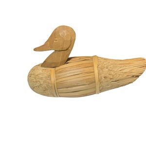 Vintage Hand Carved Duck Decoy Wood and Reeds Folk Art Cabincore Woodland